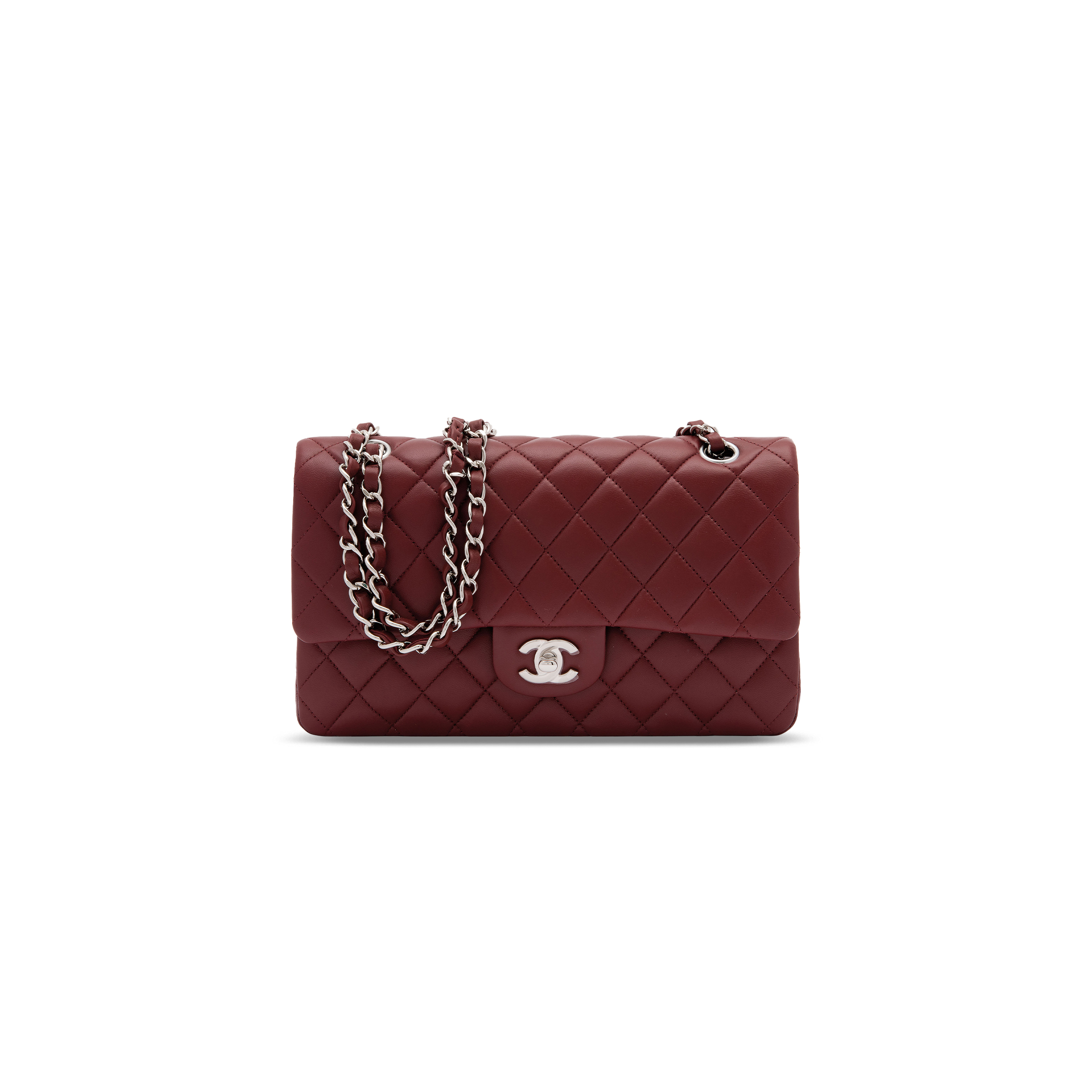 Ch*el medium classic flap bag with silver hardware burgundy a01112 (25*16*8cm)